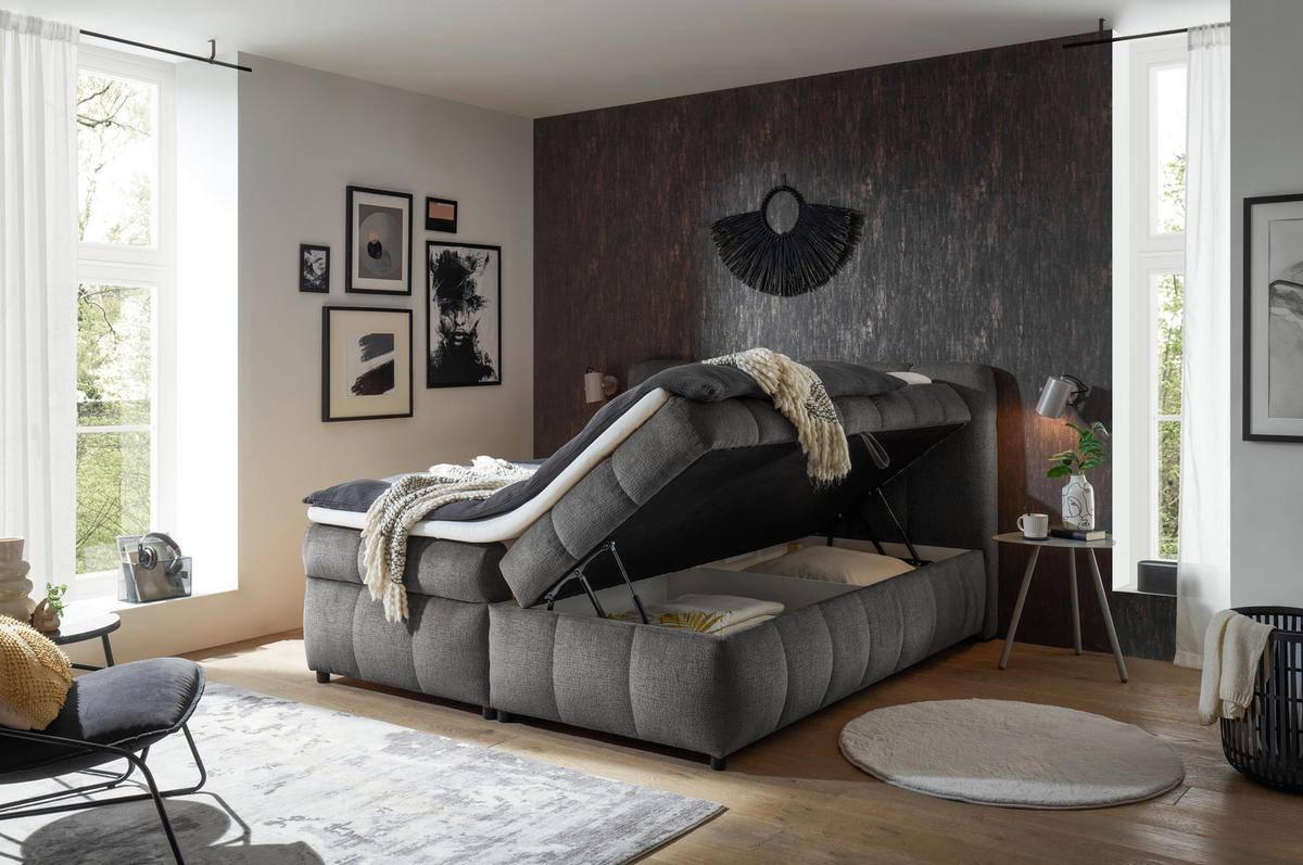 BOXBETT 180/200 cm,  in Dunkelgrau, Bettkasten, Topper, H2 + H2 = mittel  - Dunkelgrau/Schwarz, Design, Kunststoff/Textil (180/200cm) - Esposa