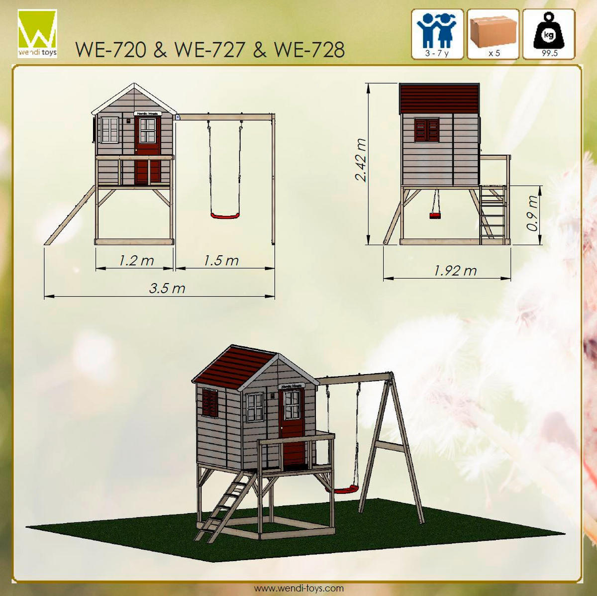 SPIELHAUS 350/242/192 cm  - Rot/Naturfarben, KONVENTIONELL, Holz (350/242/192cm) - Ambia Garden