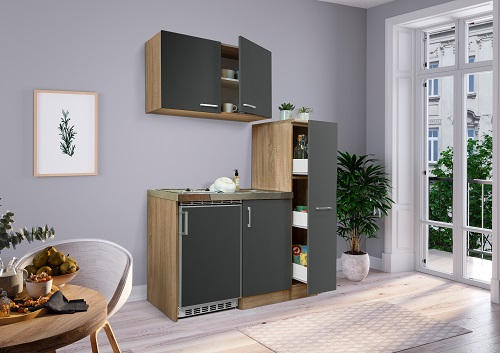 MINIKÜCHE 130 cm   in Grau, Eichefarben  - Eichefarben/Grau, Modern, Holzwerkstoff/Metall (130cm) - Respekta
