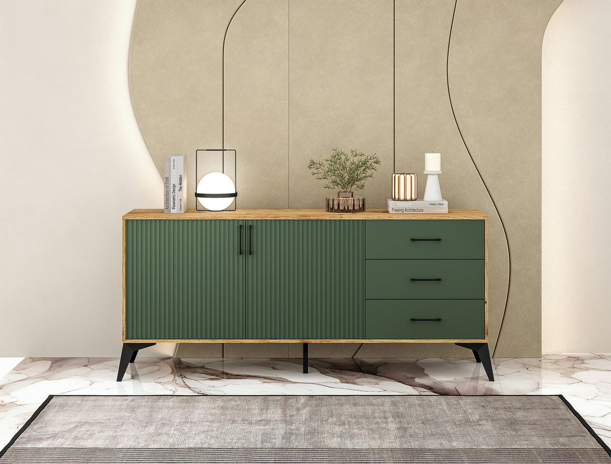 SIDEBOARD Lugo  in 164,5/78,4/42 cm  - Dunkelgrün/Schwarz, Design, Holzwerkstoff/Metall (164,5/78,4/42cm) - Boxxx