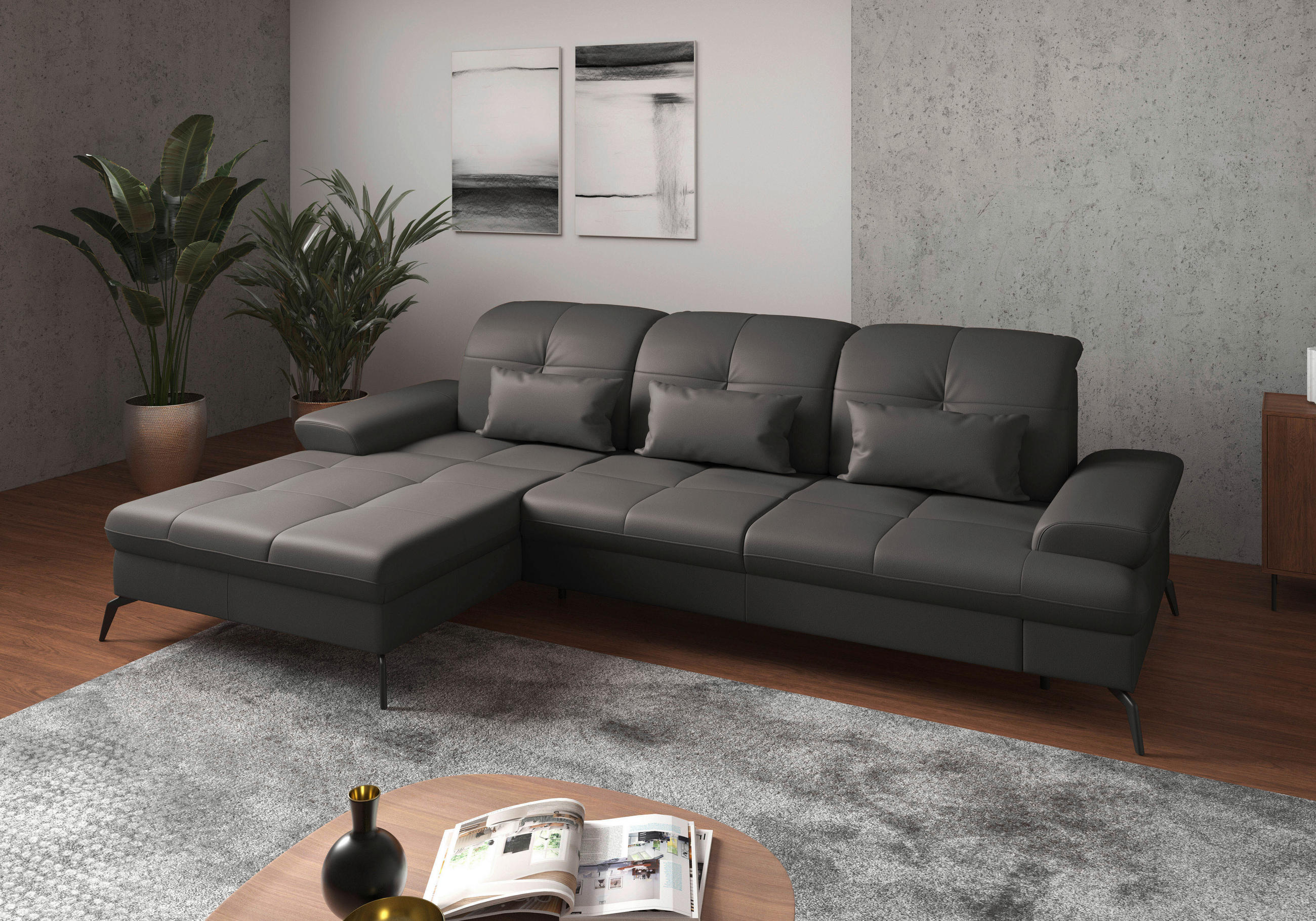 ECKSOFA in Vliesstoff Kombination Echtleder/Stoff Mokka  185/279 cm  - Schwarz/Mokka, KONVENTIONELL, Leder/Textil (185/279cm) - Sit & More