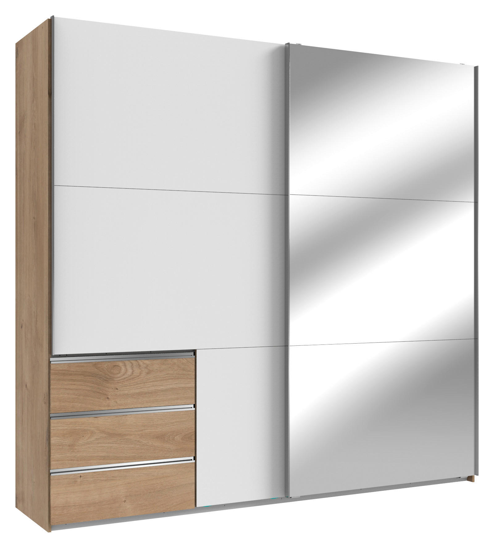 SCHWEBETÜRENSCHRANK  in Weiß, Plankeneiche  - Chromfarben/Plankeneiche, MODERN, Glas/Holzwerkstoff (200/236/65cm) - MID.YOU