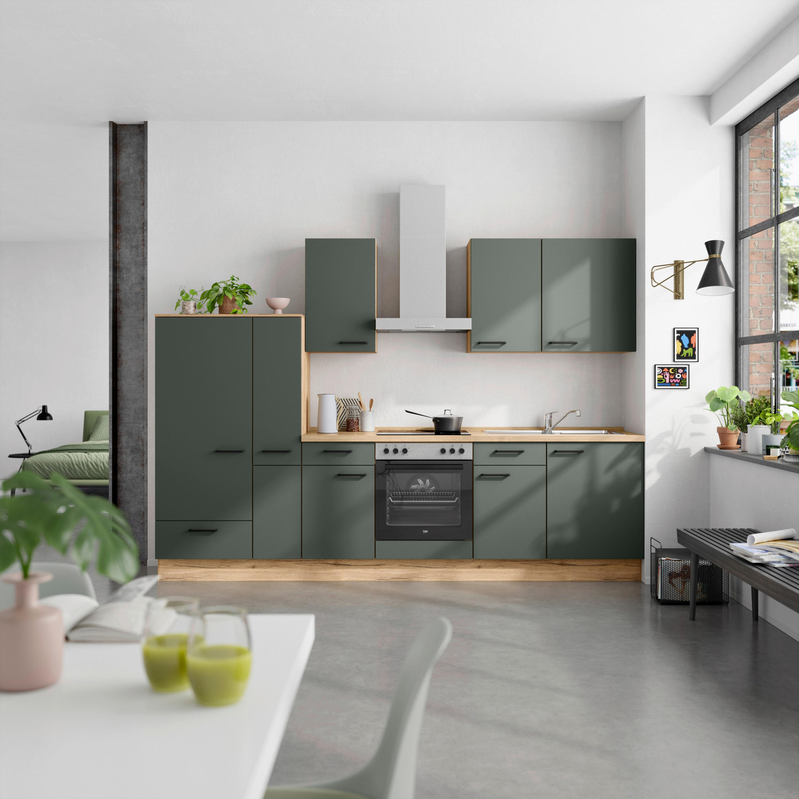 KÜCHENBLOCK 300 cm   in Eichefarben, Dunkelgrün  - Dunkelgrün/Eichefarben, MODERN, Holzwerkstoff/Metall (300cm) - Nobilia