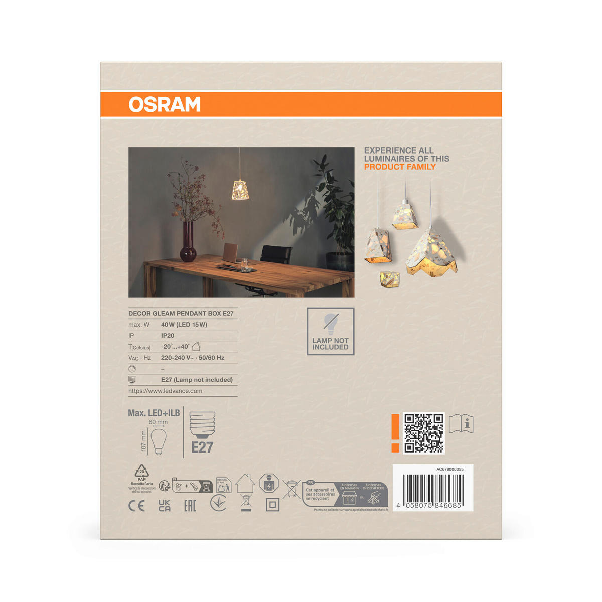 HÄNGELEUCHTE 15/15/150 cm  - Beige, Basics, Stein (15/15/150cm) - Osram