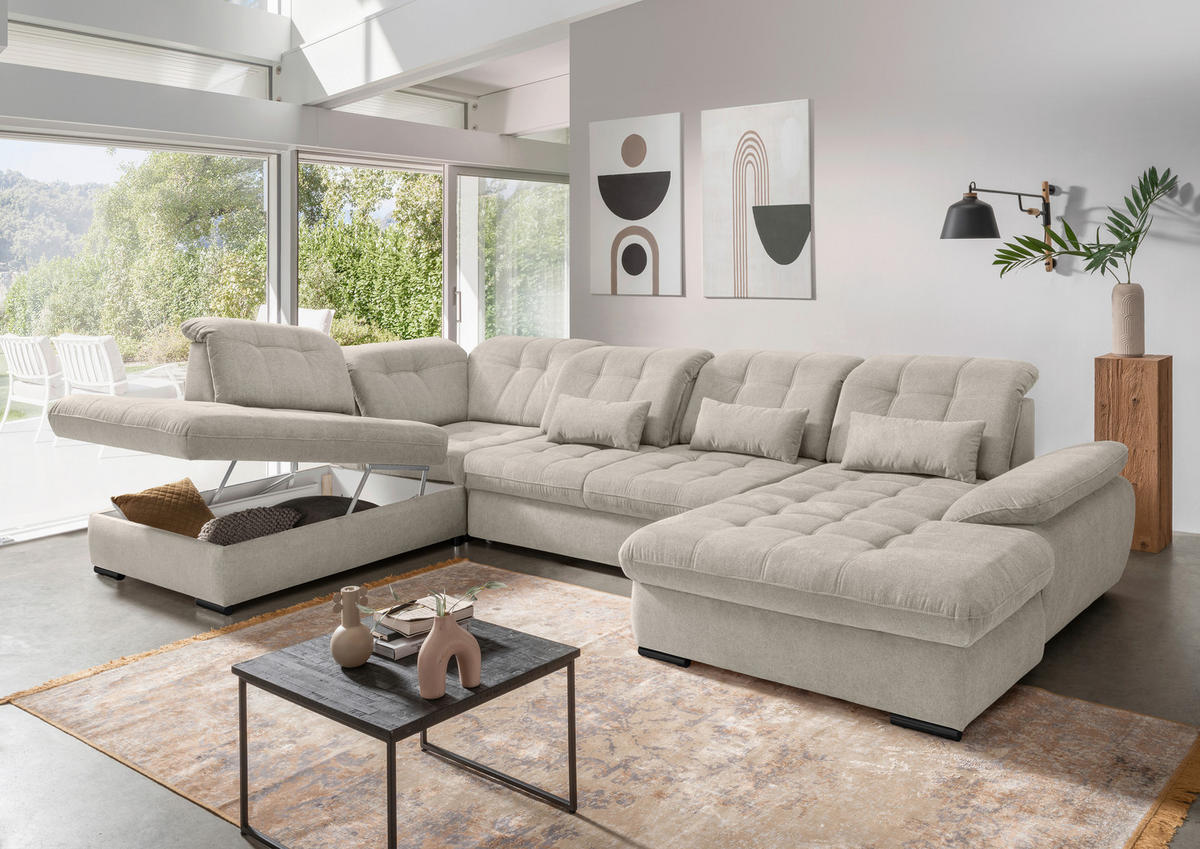SALON PANORAMIQUE in Chenille Beige  - beige/noir, Modern, textile/métal (252/387/184cm) - Livetastic