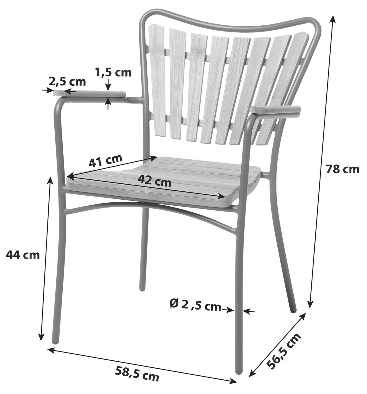 GARTENSTUHL Teakholz Anthrazit, Teakfarben  - Anthrazit/Teakfarben, KONVENTIONELL, Holz/Metall (58,5/78/56,5cm) - Gardenson