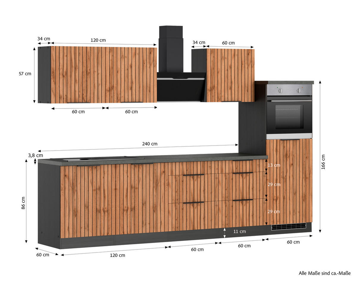 KÜCHENBLOCK 300 cm   in Eiche Wotan, Graphitfarben  - Schieferfarben/Eiche Wotan, Basics, Holzwerkstoff/Metall (300cm) - Held