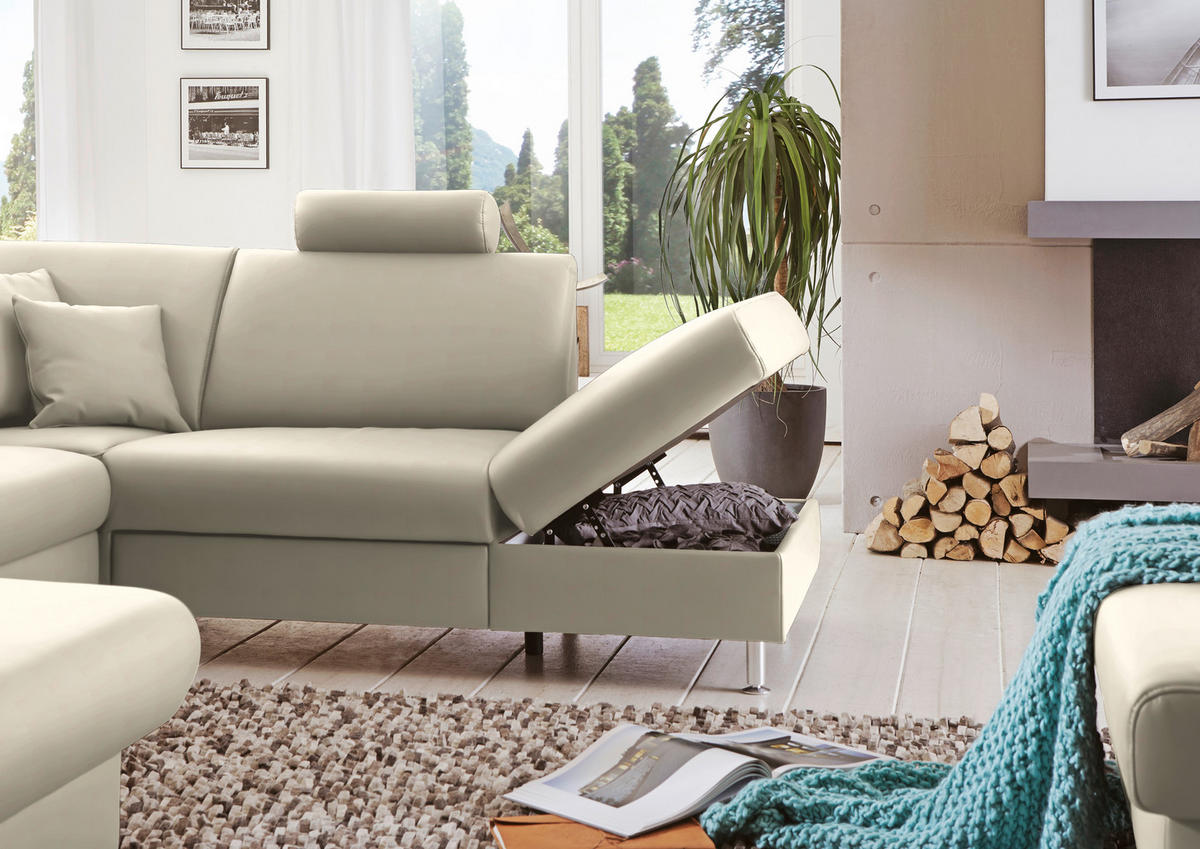 WOHNLANDSCHAFT in Echtleder Creme  - Creme/Alufarben, Design, Leder/Metall (165/339/233cm) - Beldomo Premium