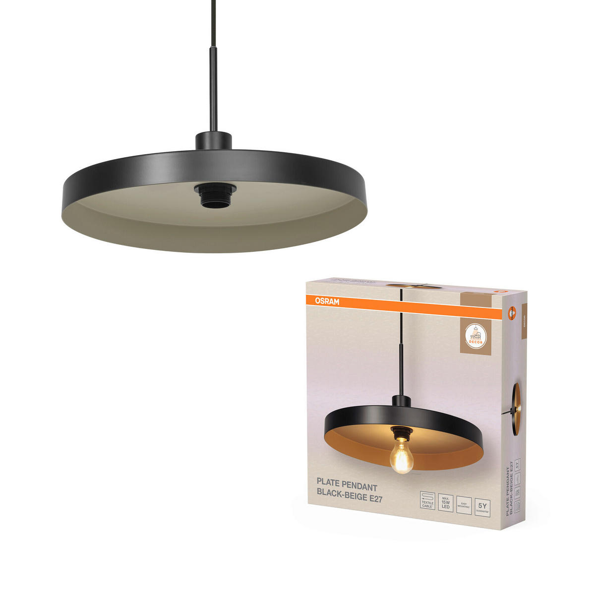 HÄNGELEUCHTE 40/127 cm   - Beige/Schwarz, Basics, Metall (40/127cm) - Osram