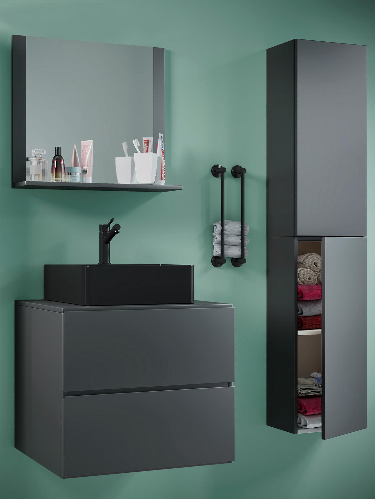 BADEZIMMER 4-teilig  in 94 cm  - Anthrazit/Schwarz, MODERN, Glas/Keramik (94cm) - MID.YOU