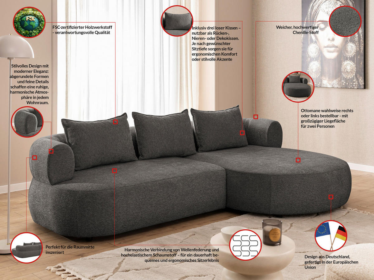 ECKSOFA in Chenille Anthrazit  - Anthrazit/Schwarz, Design, Kunststoff/Textil (256/156cm) - Livetastic