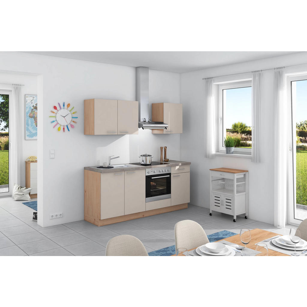 Küchenzeile Base ohne Geräte 200 cm Crema/Eiche/Beton Hell