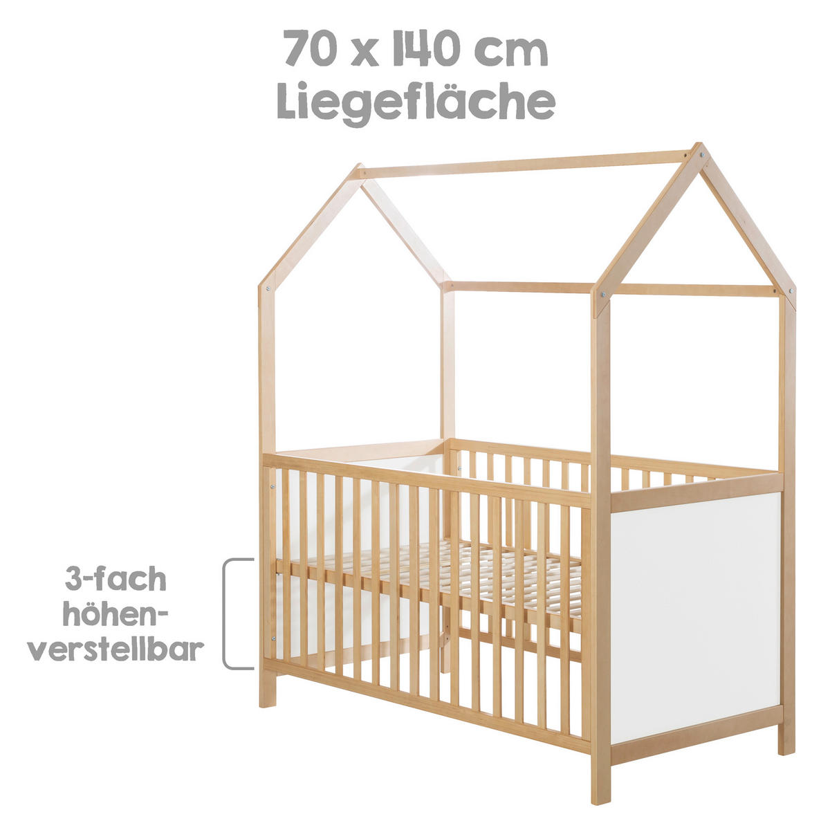 HAUSBETT  - Naturfarben/Weiß, Basics, Holz/Holzwerkstoff (75/162,5/143,5cm) - Roba