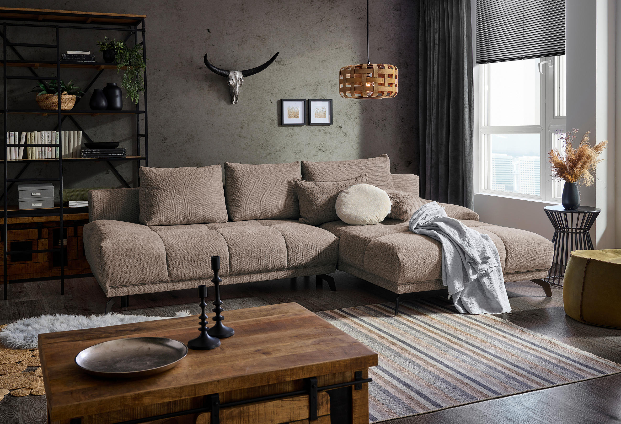 ECKSOFA in Chenille Hellbraun  - Hellbraun/Schwarz, MODERN, Textil/Metall (290/182cm) - Hom`in
