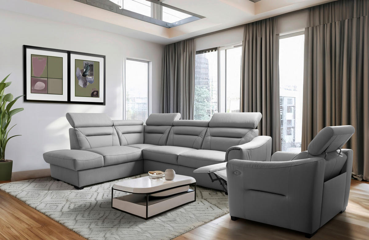ECKSOFA  in Lederlook Echtleder Platinfarben  - Platinfarben/Wengefarben, Design, Leder/Holz (212/260cm) - Celina Home
