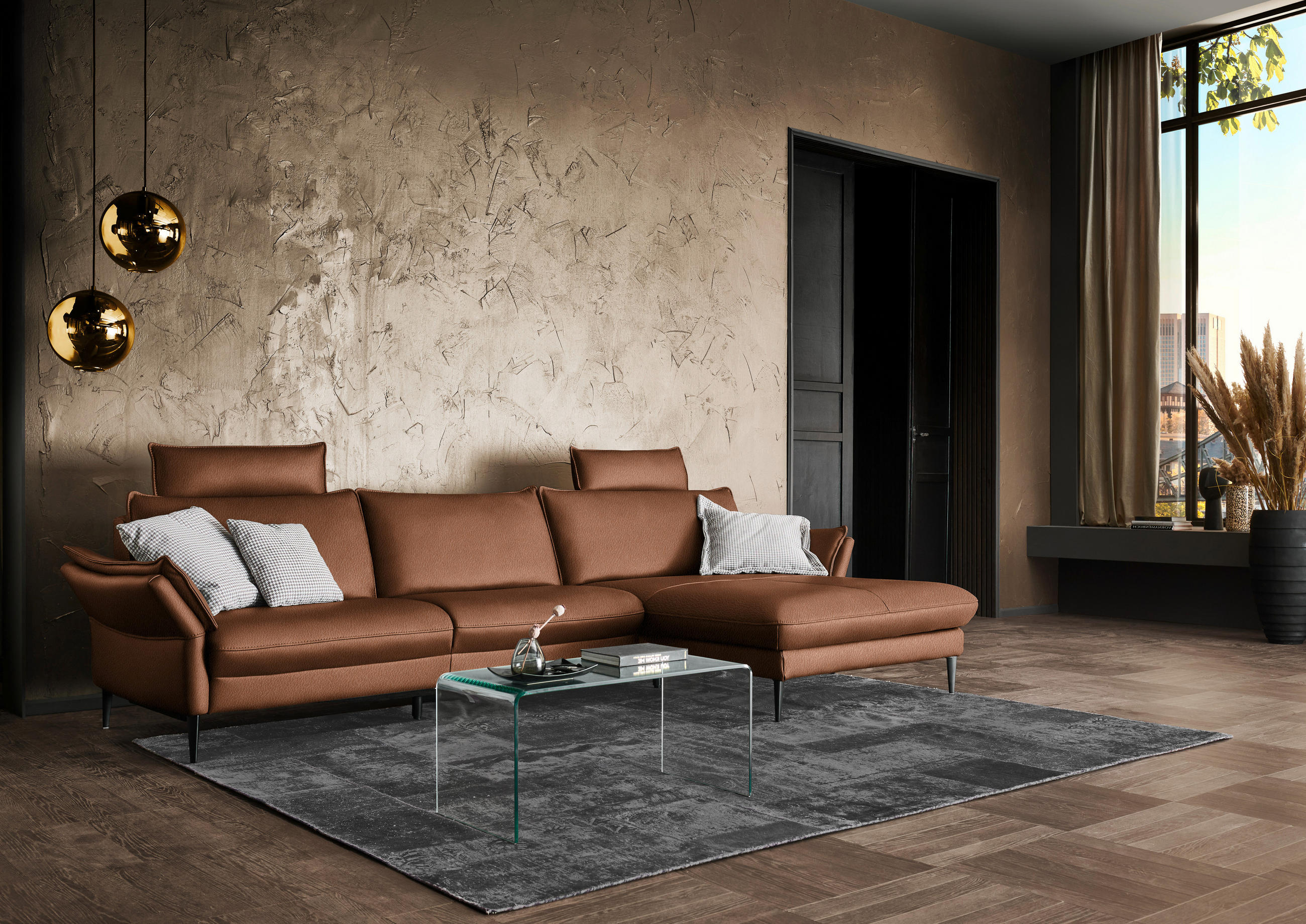 ECKSOFA  in Echtleder Cognac  334/172 cm  - Cognac/Schwarz, Design, Leder/Metall (334/172cm) - Hukla