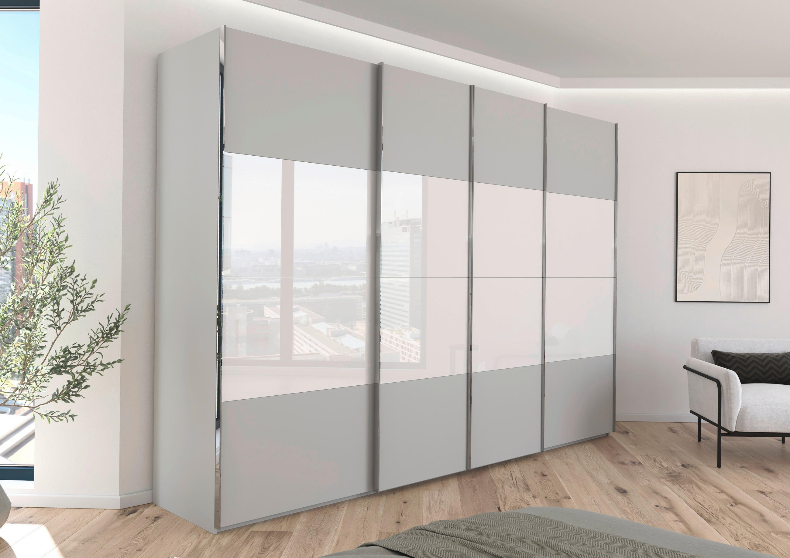 SCHWEBETÜRENSCHRANK 316/235/68 cm 4-türig Grau, Weiß  - Chromfarben/Weiß, KONVENTIONELL, Glas/Holzwerkstoff (316/235/68cm) - Novel