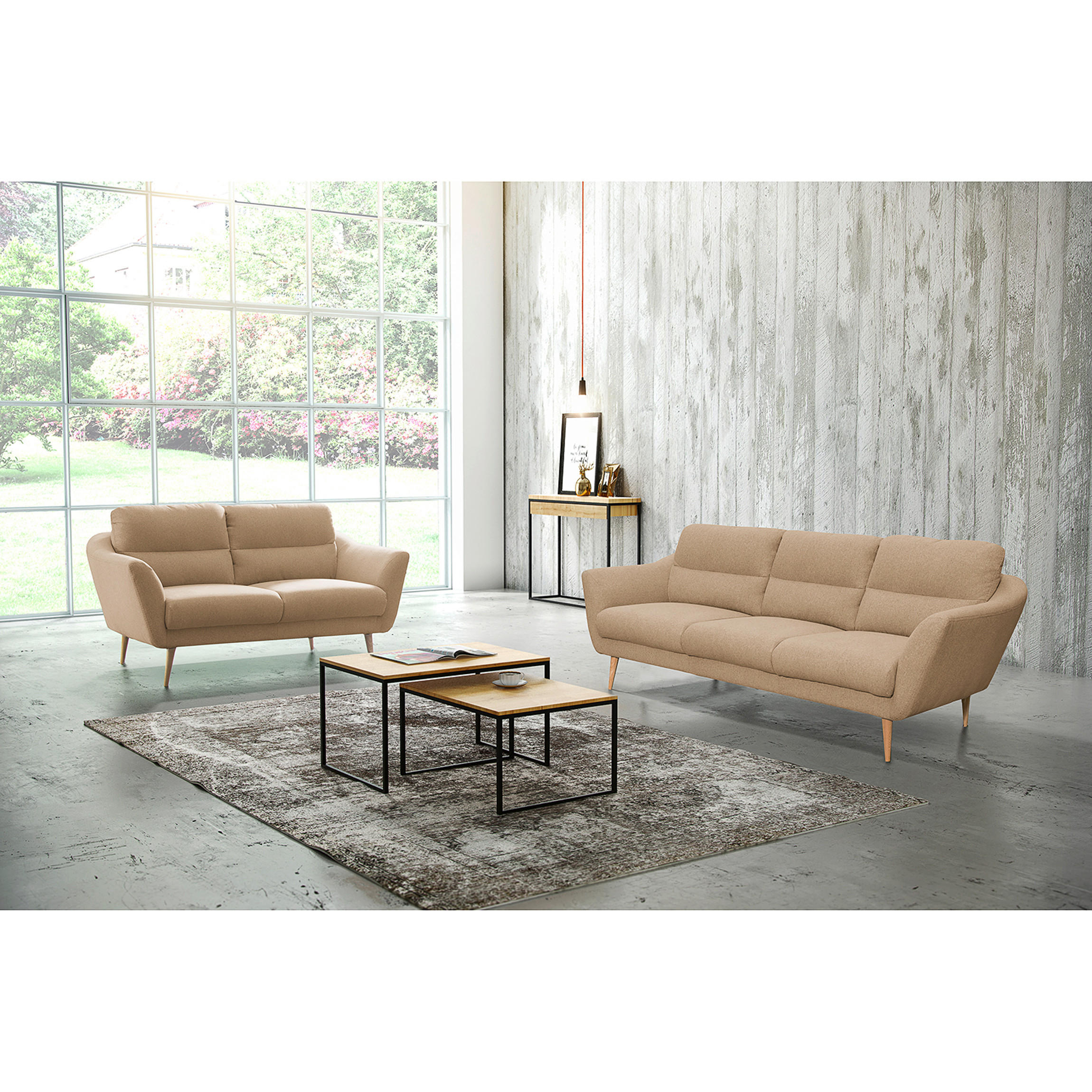 3-SITZER-SOFA in Webstoff Beige  - Beige/Buchefarben, Design, Holz/Textil (209/87/88cm) - Livetastic