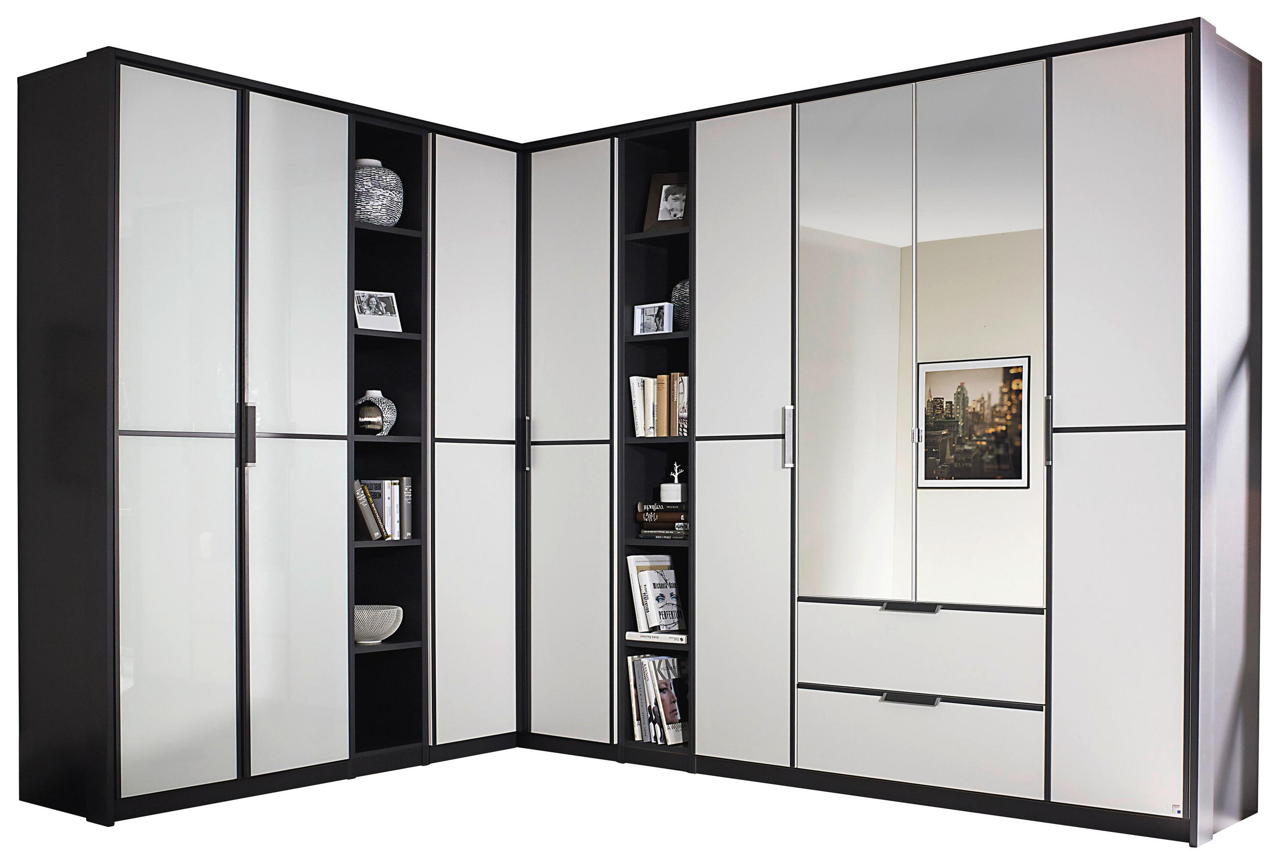 ROHOVÁ ŠATNÍ SKŘÍŇ SE ZRCADLEM, šedá, bílá,  - šedá/bílá, Design, kompozitní dřevo (224/314cm) - MID.YOU