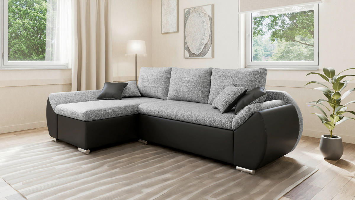 ECKSOFA  AURO Grau, Schwarz  - Silberfarben/Schwarz, Design, Kunststoff/Textil (275/155cm) - MID.YOU