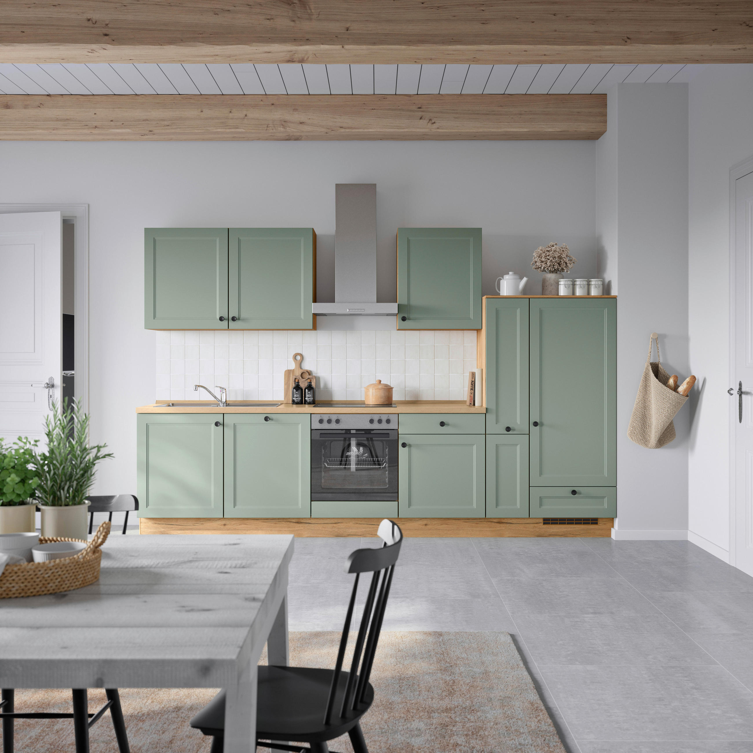 KÜCHENBLOCK 330 cm   in Eichefarben, Schilfgrün  - Schilfgrün/Eichefarben, MODERN, Holzwerkstoff/Metall (330cm) - Nobilia