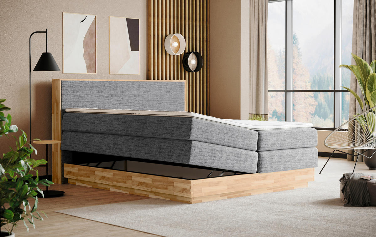 BOXSPRINGBETT 160/200 cm,  in Eichefarben, Dunkelgrau, Matratze, gepolstertes Kopfteil, Bettkasten, Topper, H2 + H3 = mittel + fest  - Eichefarben/Dunkelgrau, MODERN, Holz/Kunststoff (160/200cm) - Livetastic