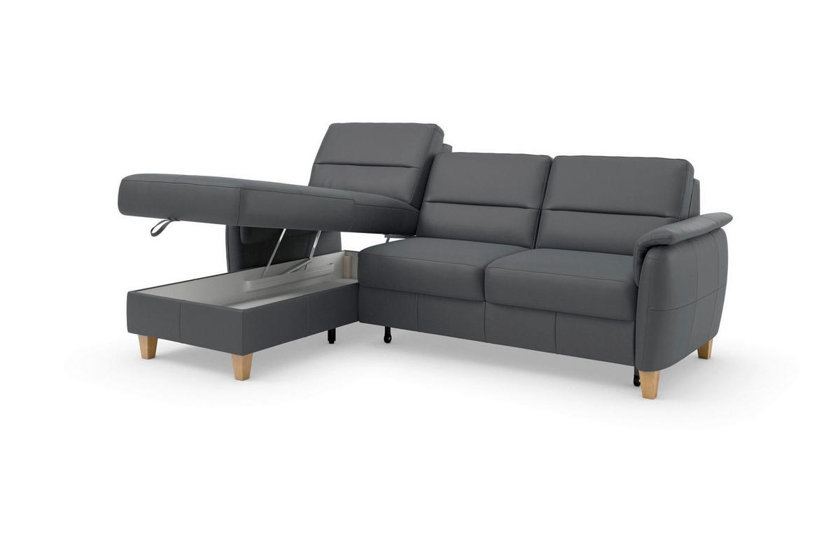 ECKSOFA PALMERA E Schwarz Kombination Echtleder/Stoff Mikrofaser Bettkasten  - Eichefarben/Schwarz, Basics, Leder/Holz (163/244cm) - Sit & More