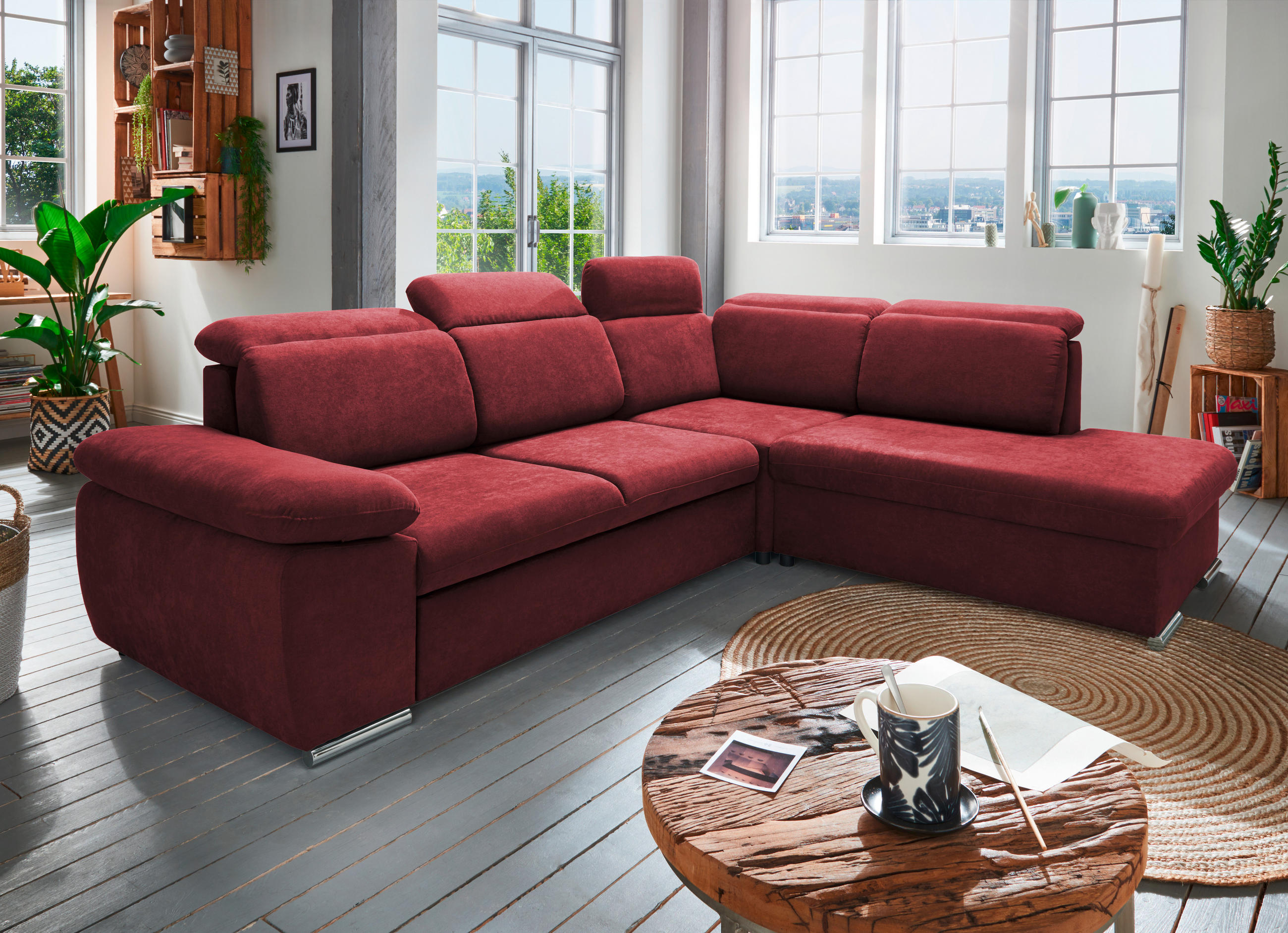 ECKSOFA in Mikrofaser Bordeaux  - Chromfarben/Bordeaux, Design, Textil/Metall (283/228cm) - Livetastic