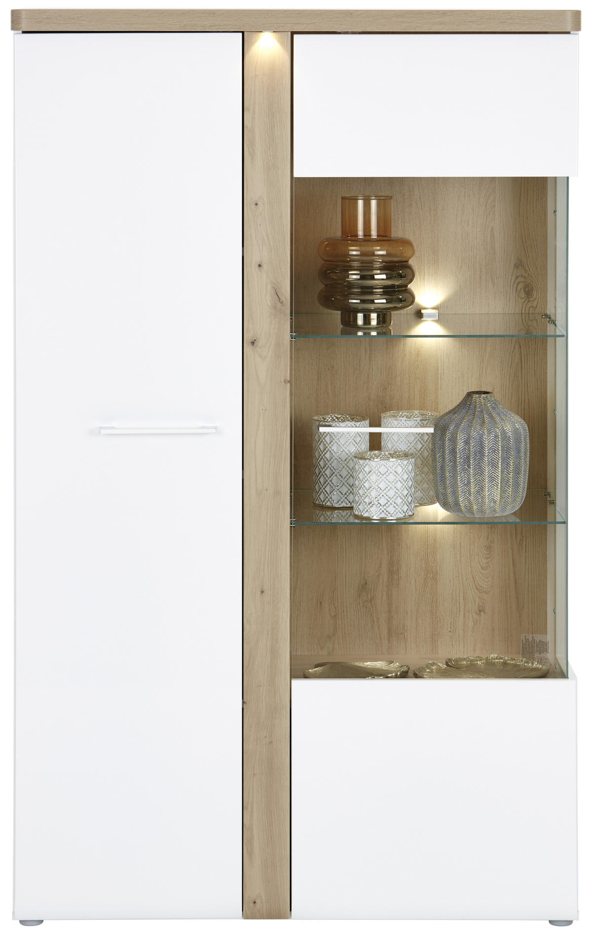 VITRINE in Weiß, Eichefarben  - Chromfarben/Eichefarben, MODERN, Glas/Holzwerkstoff (98,5/164/43,2cm)