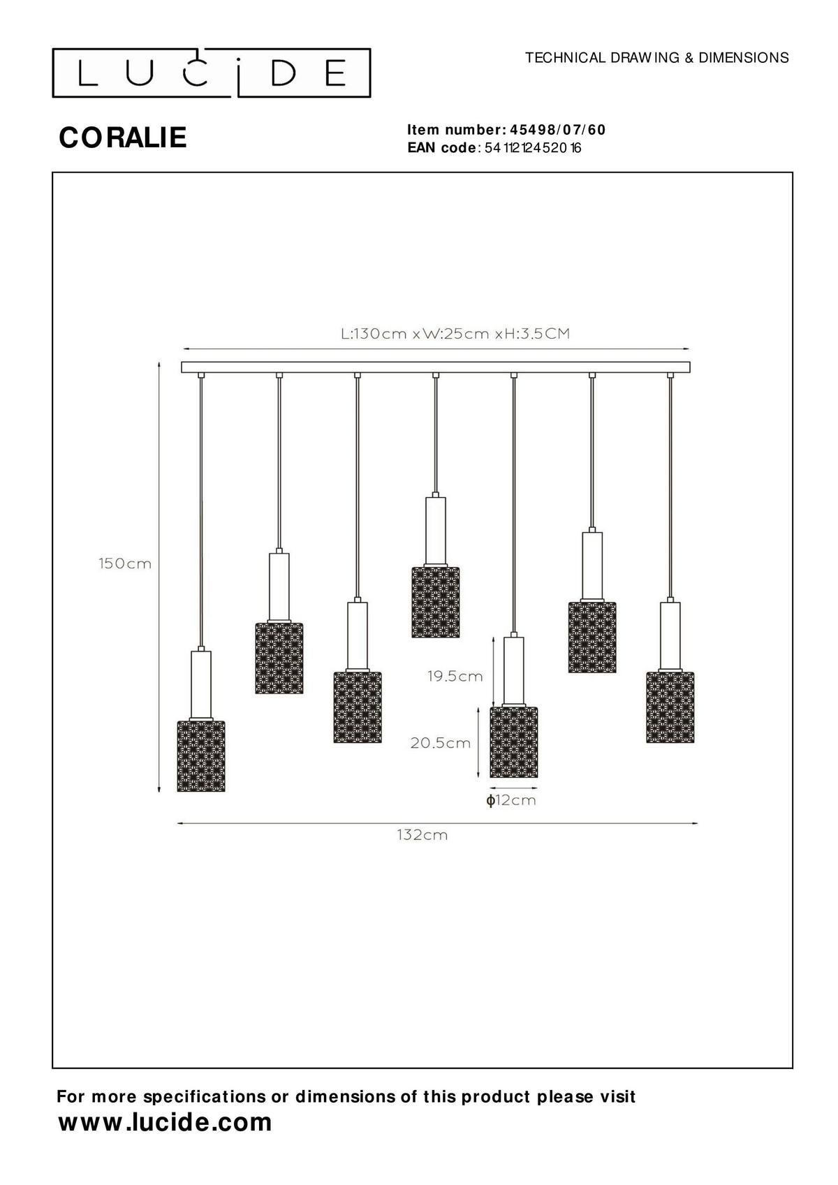 HÄNGELEUCHTE Coralie 132/25/150 cm   - Transparent, Design, Glas (132/25/150cm) - Lucide