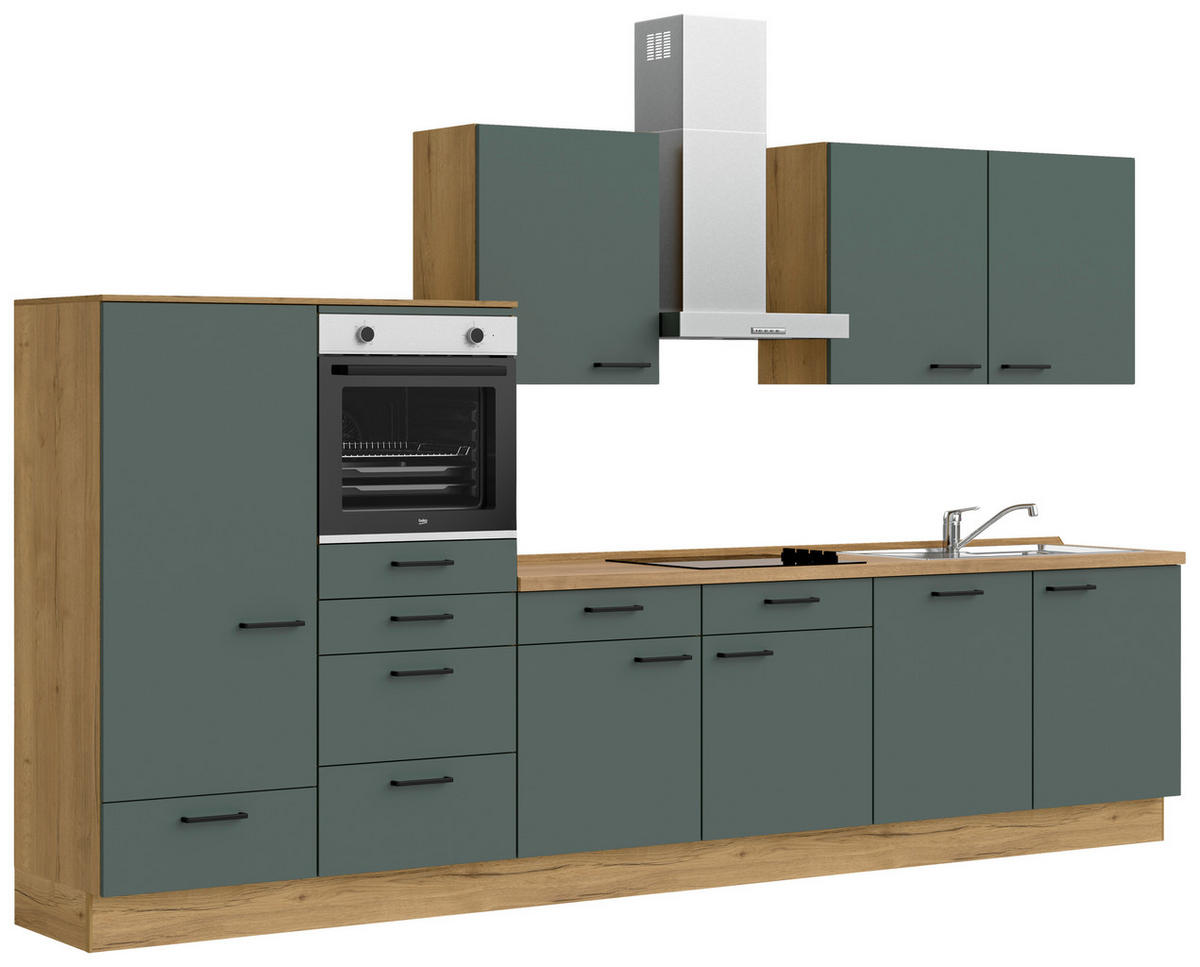 KÜCHENBLOCK 360 cm   in Eichefarben, Dunkelgrün  - Dunkelgrün/Eichefarben, MODERN, Holzwerkstoff/Metall (360cm) - Nobilia