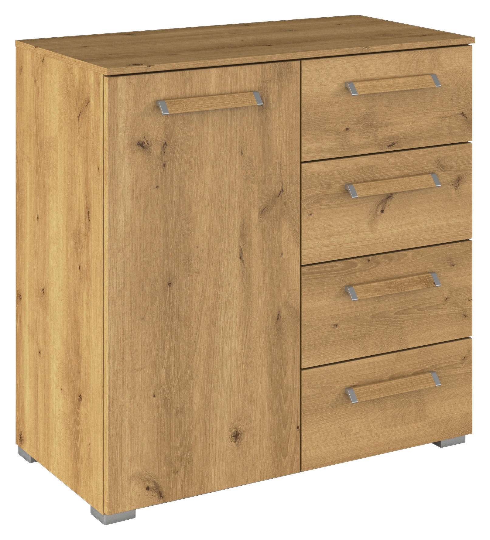 KOMMODE , 80/81/42 cm, 4 Schublade(n)  - Eichefarben/Silberfarben, Design, Holzwerkstoff/Kunststoff (80/81/42cm) - Novel
