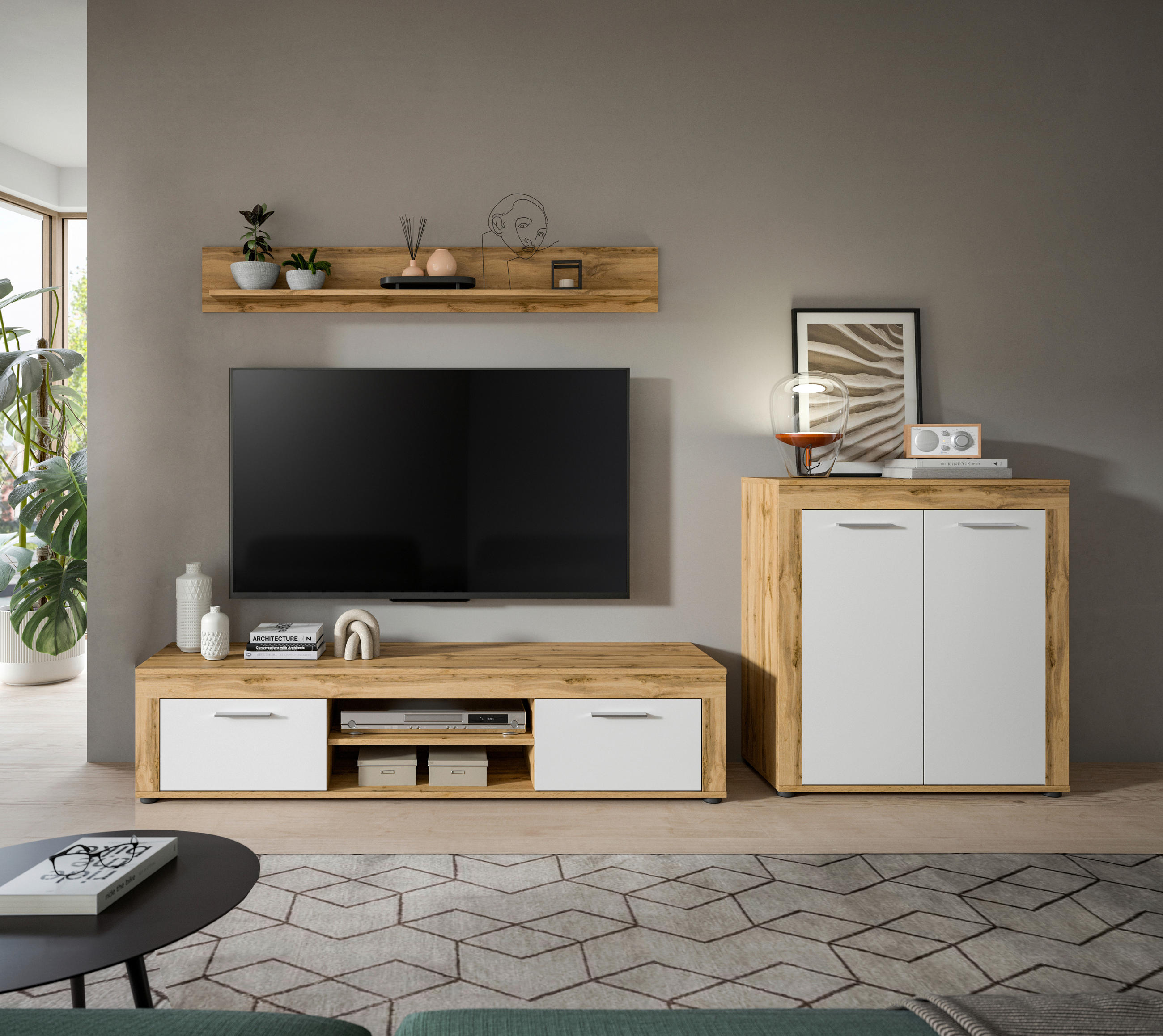 HYLLKOMBINATION 3 delar  i ek Wotan, vit  255/159/35 cm  - vit/ek Wotan, Design, trämaterial/plast (255/159/35cm) - MID.YOU