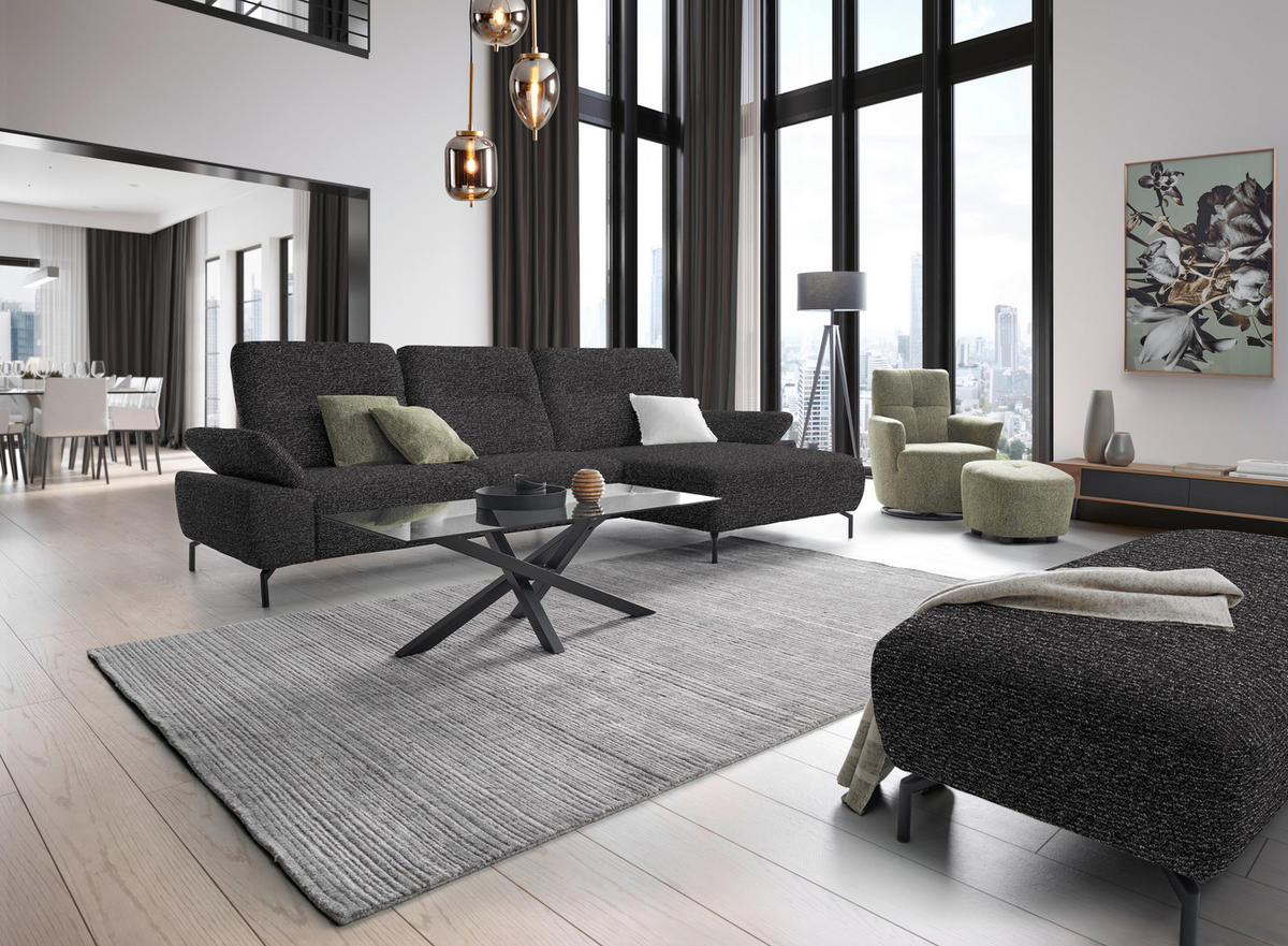 ECKSOFA in Chenille, Flachgewebe Dunkelgrau  318/165 cm  - Dunkelgrau/Schwarz, Design, Textil/Metall (318/165cm) - Xora