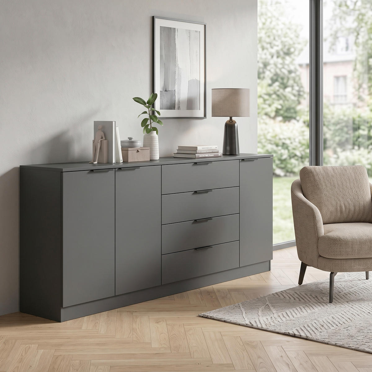 SIDEBOARD  185/79/35 cm 4 Schublade(n)  - Anthrazit/Schwarz, Design, Holzwerkstoff/Kunststoff (185/79/35cm) - Livetastic