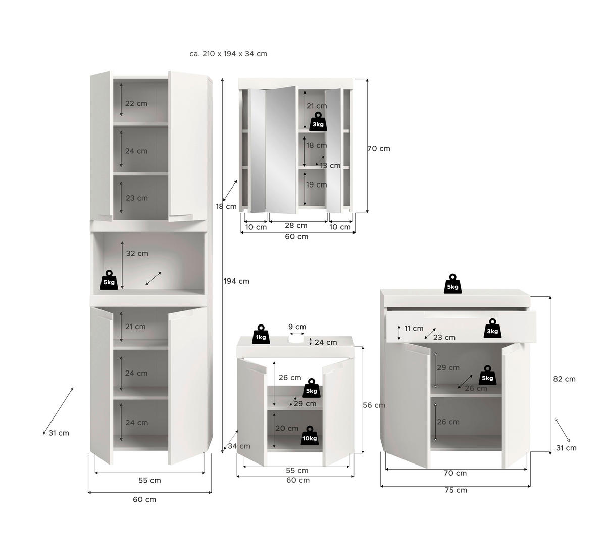BADRUM 210 cm  - vit/svart, Trend, trämaterial/glas (210cm) - MID.YOU