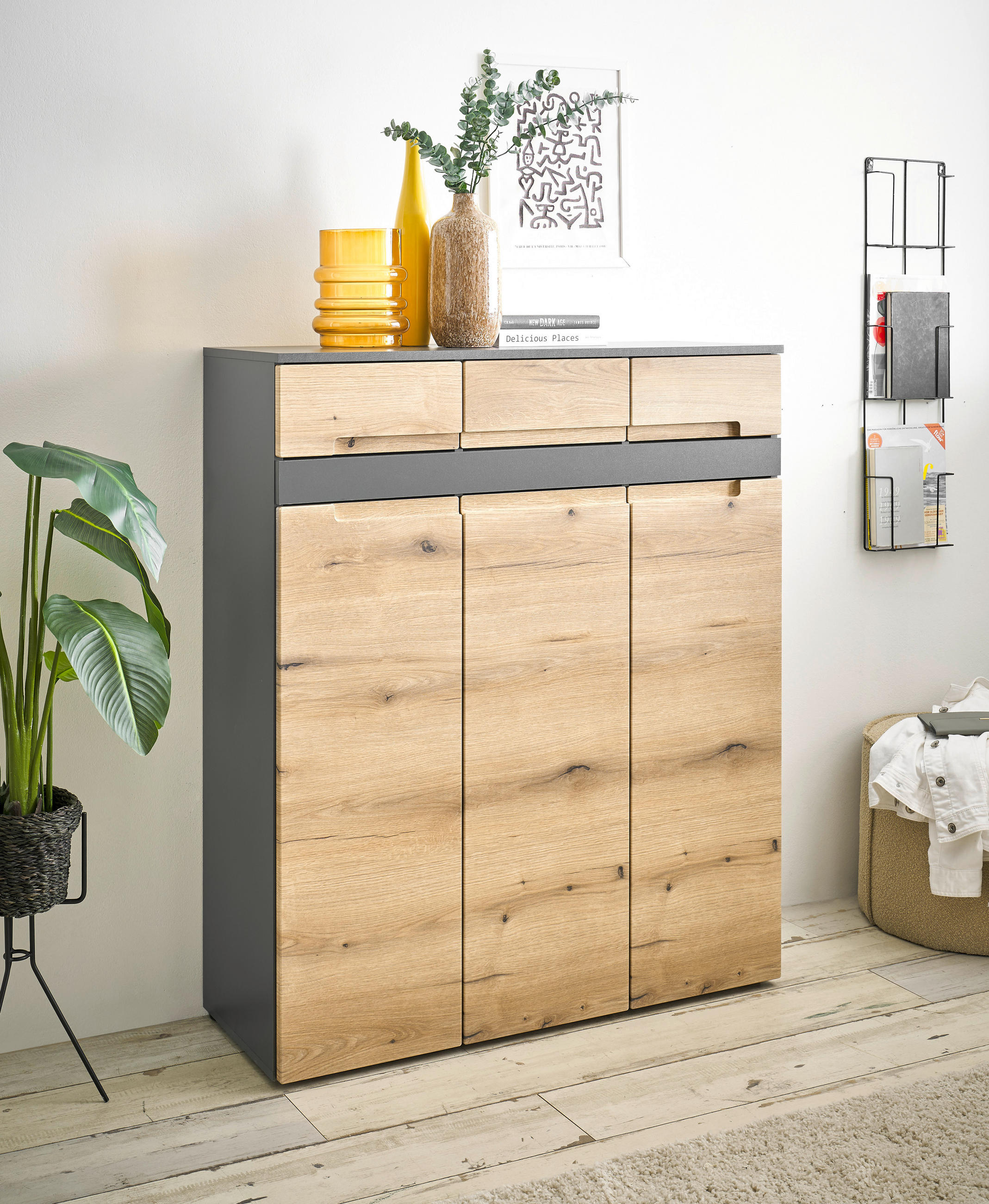 OMARA ZA ČEVLJE antracit, barve hrasta - črna/barve hrasta, Design, umetna masa/leseni material (105/125/38cm) - MID.YOU