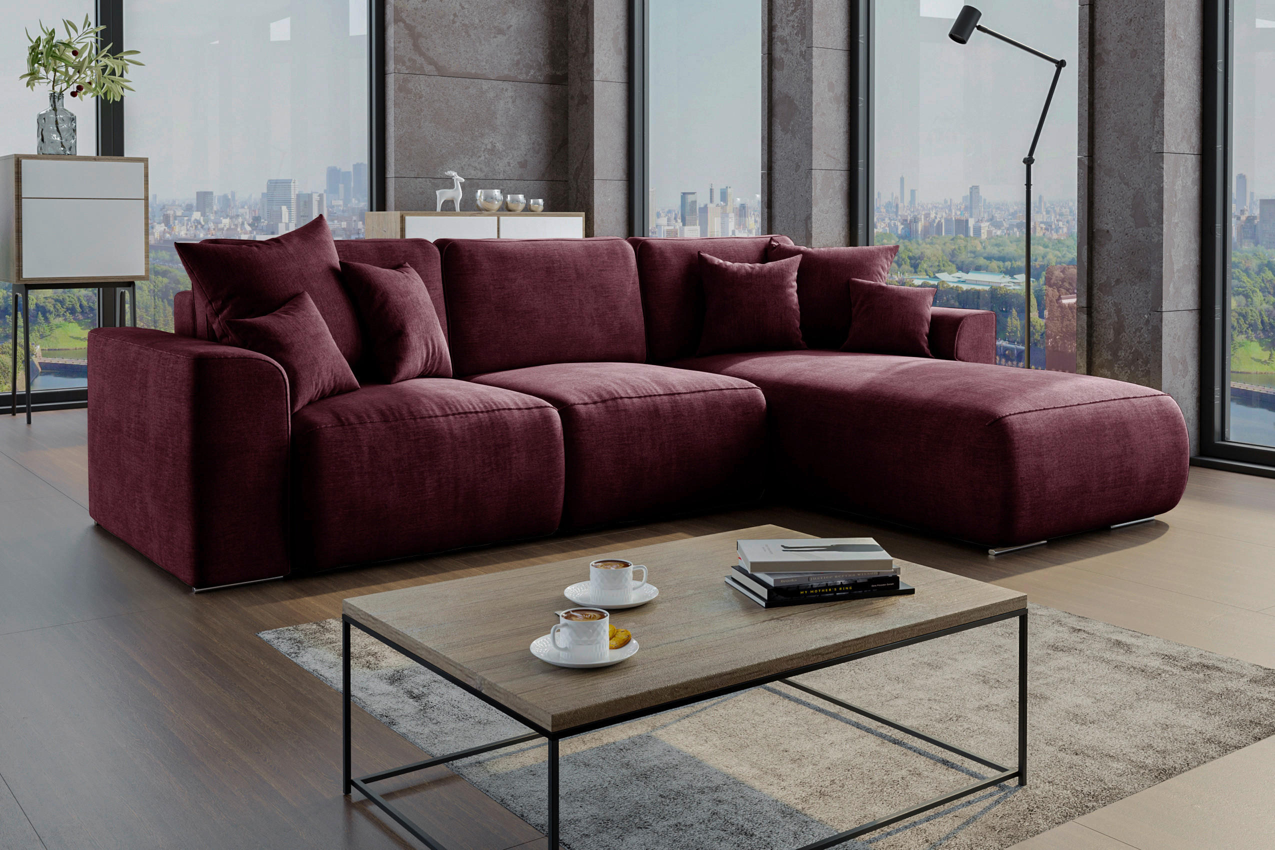 ECKSOFA Bordeaux Samt  - Chromfarben/Bordeaux, KONVENTIONELL, Kunststoff/Textil (293/195cm) - Carryhome