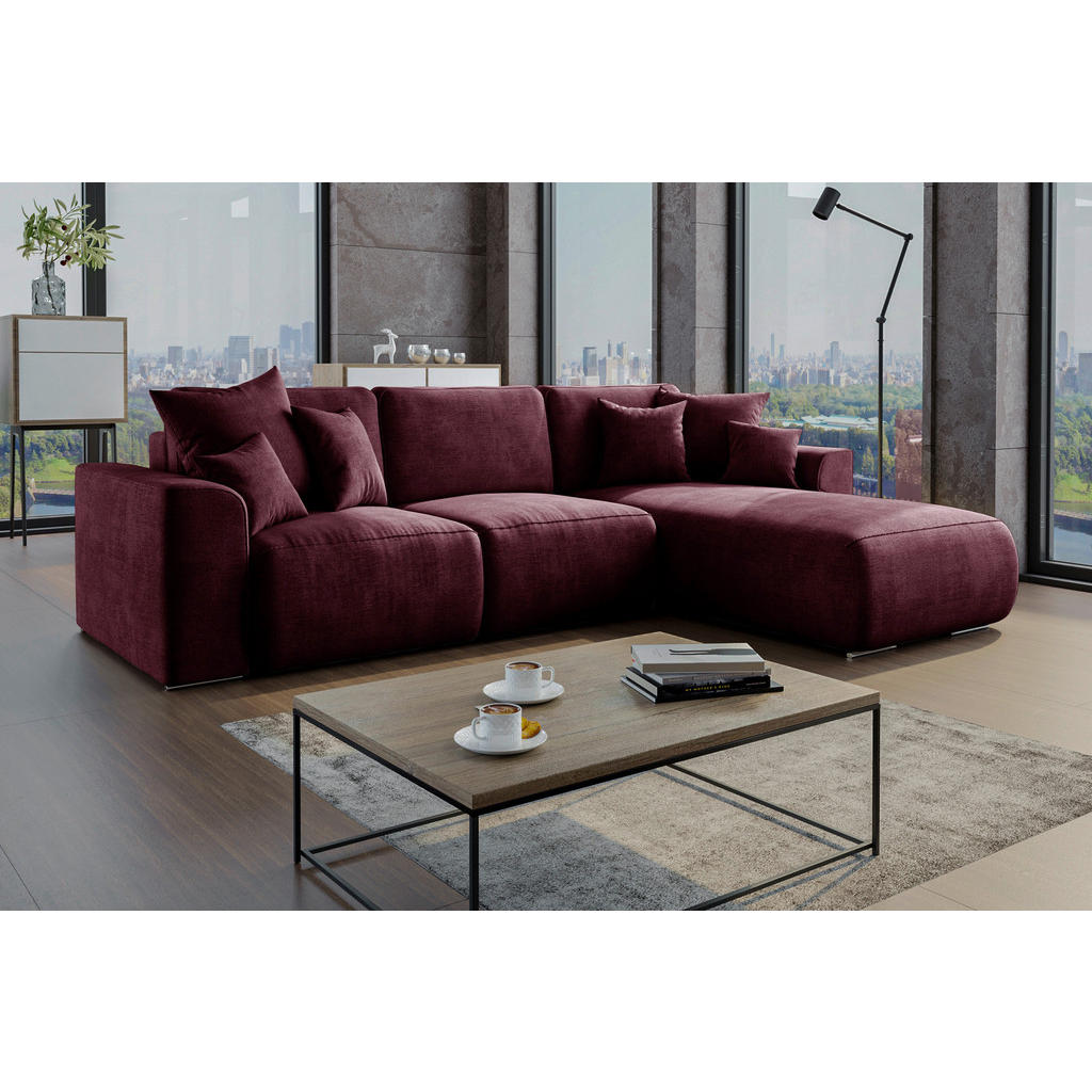Thumbnail - Carryhome Ecksofa, Bordeaux, Textil, 3-Sitzer, Ottomane rechts, L-Form, 293x195 cm, Stoffauswahl, Liegefunktion, seitenv...