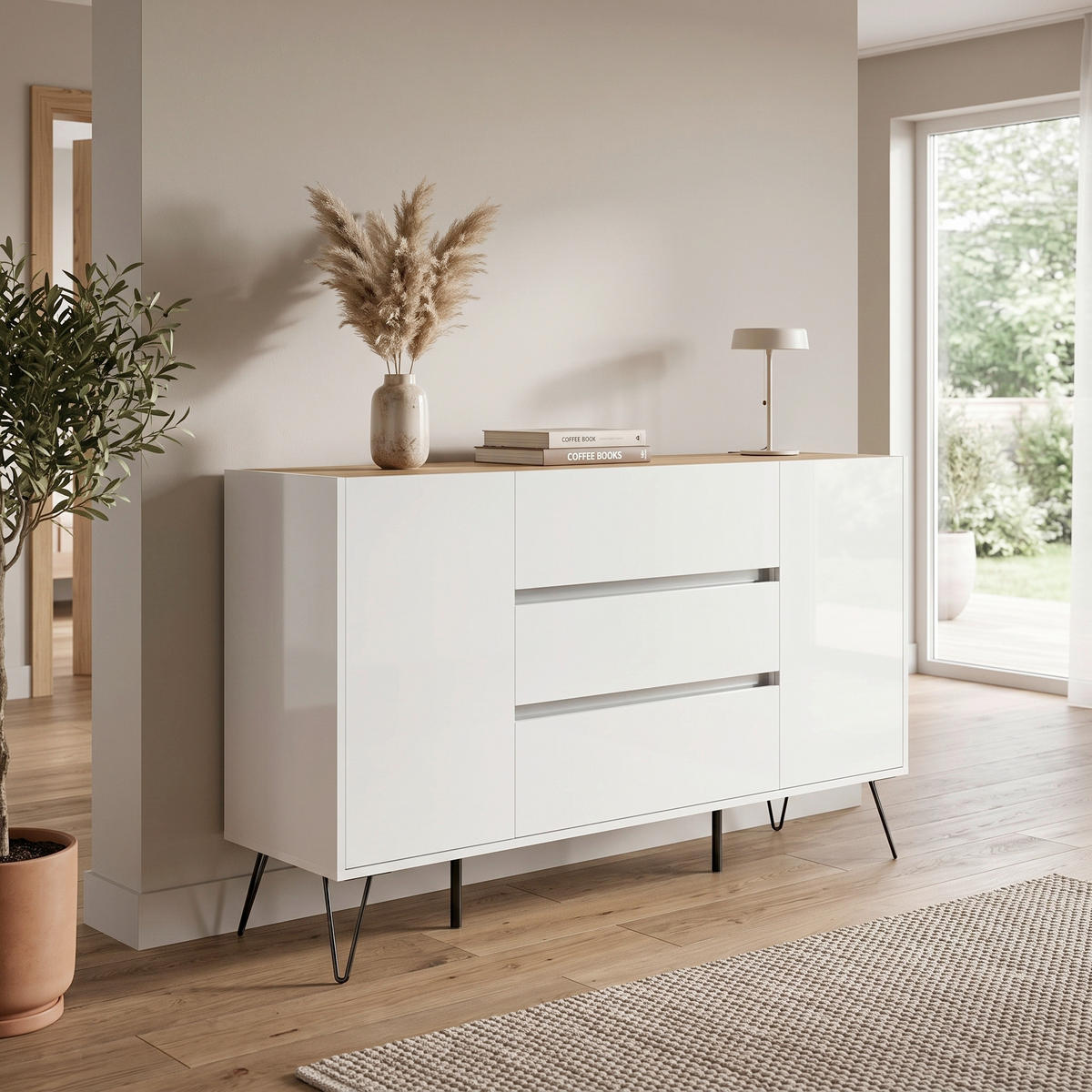 SIDEBOARD Posseik Industrial 155/93,6/42 cm 3 Schublade(n)  - Weiß Hochglanz/Eichefarben, Design, Holzwerkstoff/Metall (155/93,6/42cm) - MID.YOU