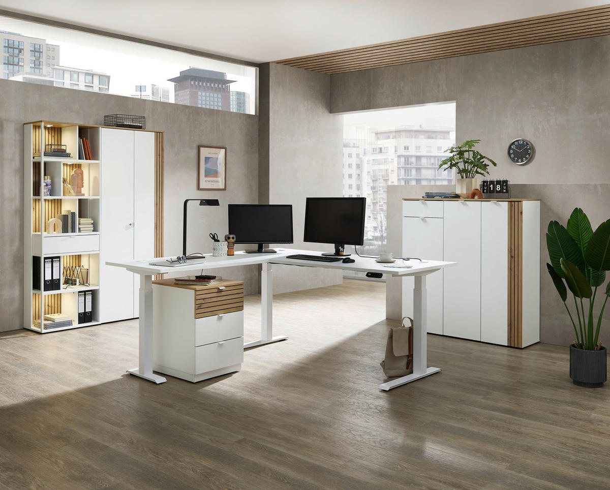 SCHREIBTISCH 150/77/73 cm Weiß, Eiche Artisan Kabeldurchlass, Stauraum  - Weiß/Eiche Artisan, KONVENTIONELL, Holzwerkstoff/Metall (150/77/73cm) - Voleo