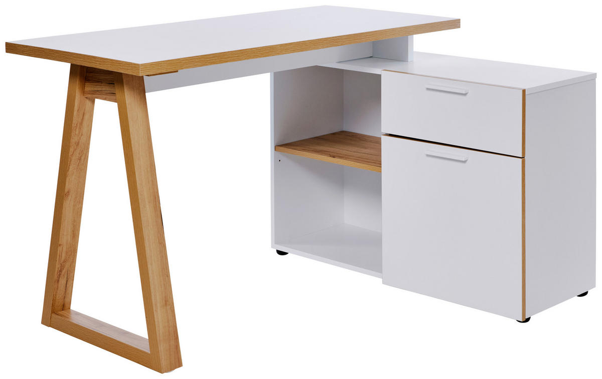 BUREAU D'ANGLE 120-130/55-95/76,2 cm  in Weiss, Eichefarben  - Weiss/Eichefarben, Modern, Holzwerkstoff/Metall (120-130/55-95/76,2cm) - Novel