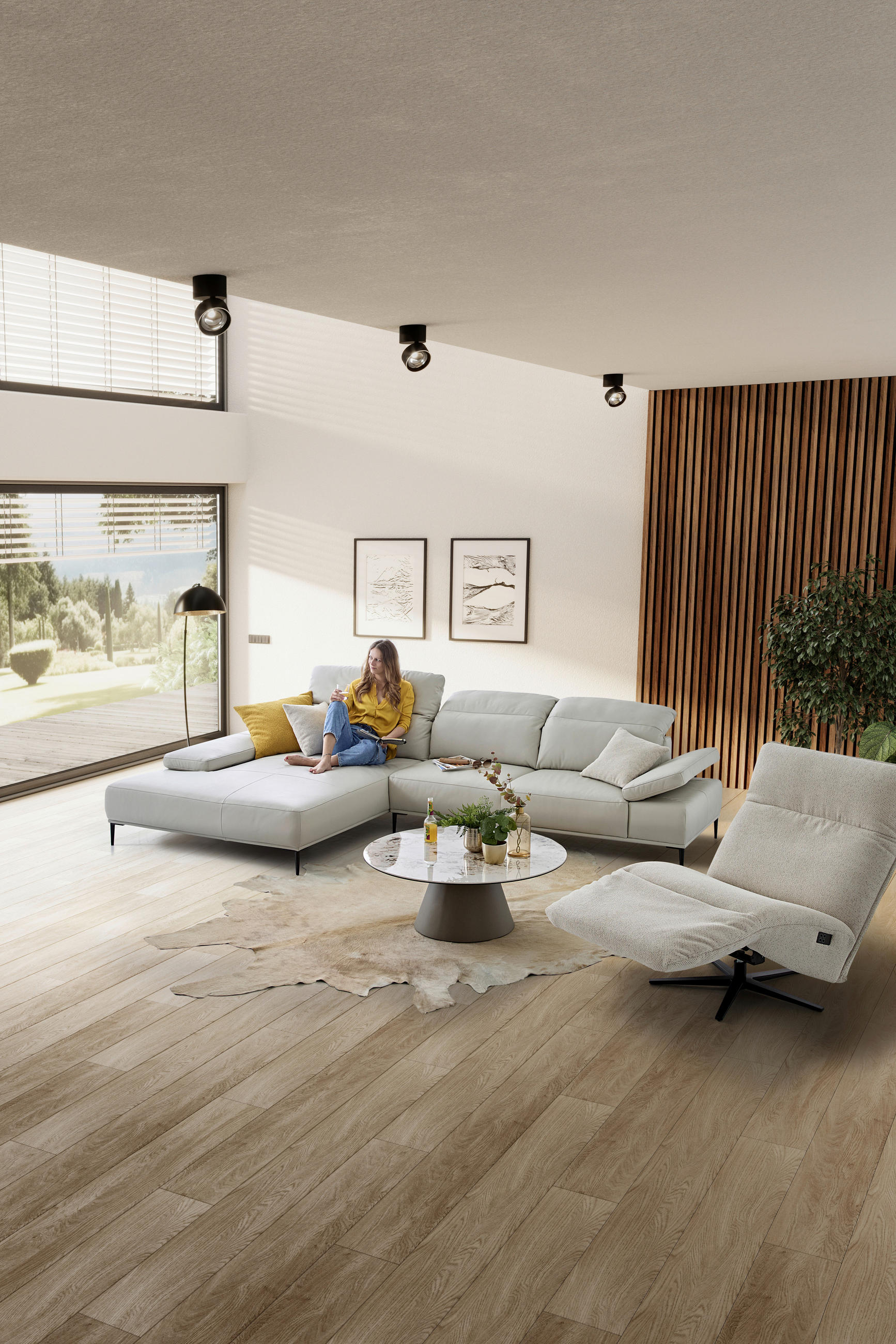 Thumbnail - Chilliano Ecksofa, Greige, Leder, Echtleder, Longlife-Leder, 3-Sitzer, Ottomane links, L-Form, 339x206 cm, Goldenes M, D...