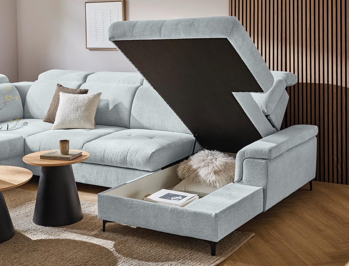 WOHNLANDSCHAFT in Struktur Hellgrau  - Hellgrau/Schwarz, Design, Textil/Metall (270/364/190cm) - Stylife