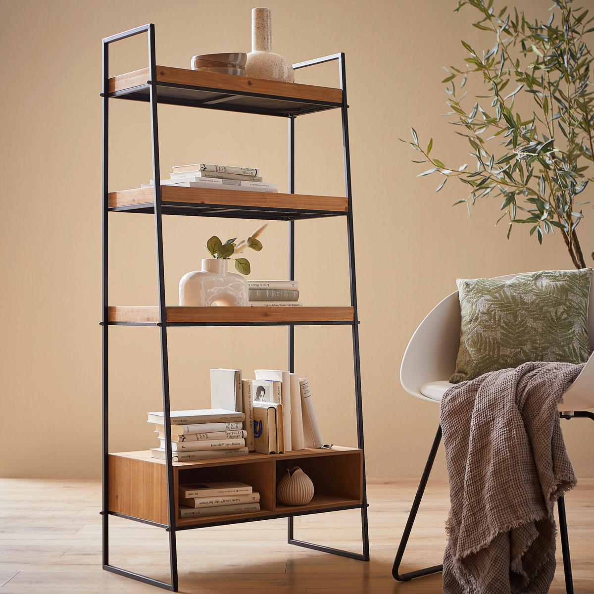 REGAL 64,5/140/35,5 cm naravne barve, črna  - črna/naravne barve, Trend, kovina/leseni material (64,5/140/35,5cm) - Livetastic