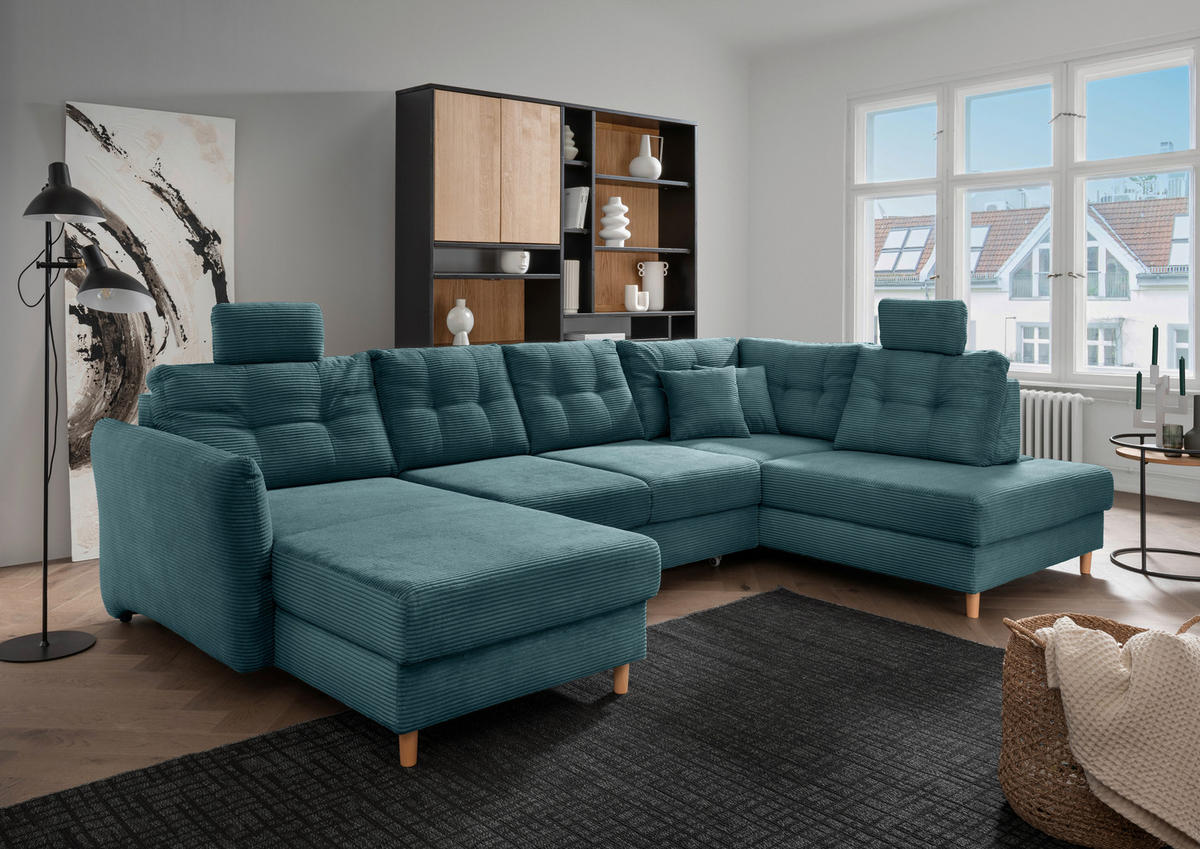 WOHNLANDSCHAFT in Cord Petrol  - Petrol/Naturfarben, MODERN, Holz/Textil (176/338-352/206cm) - Livetastic