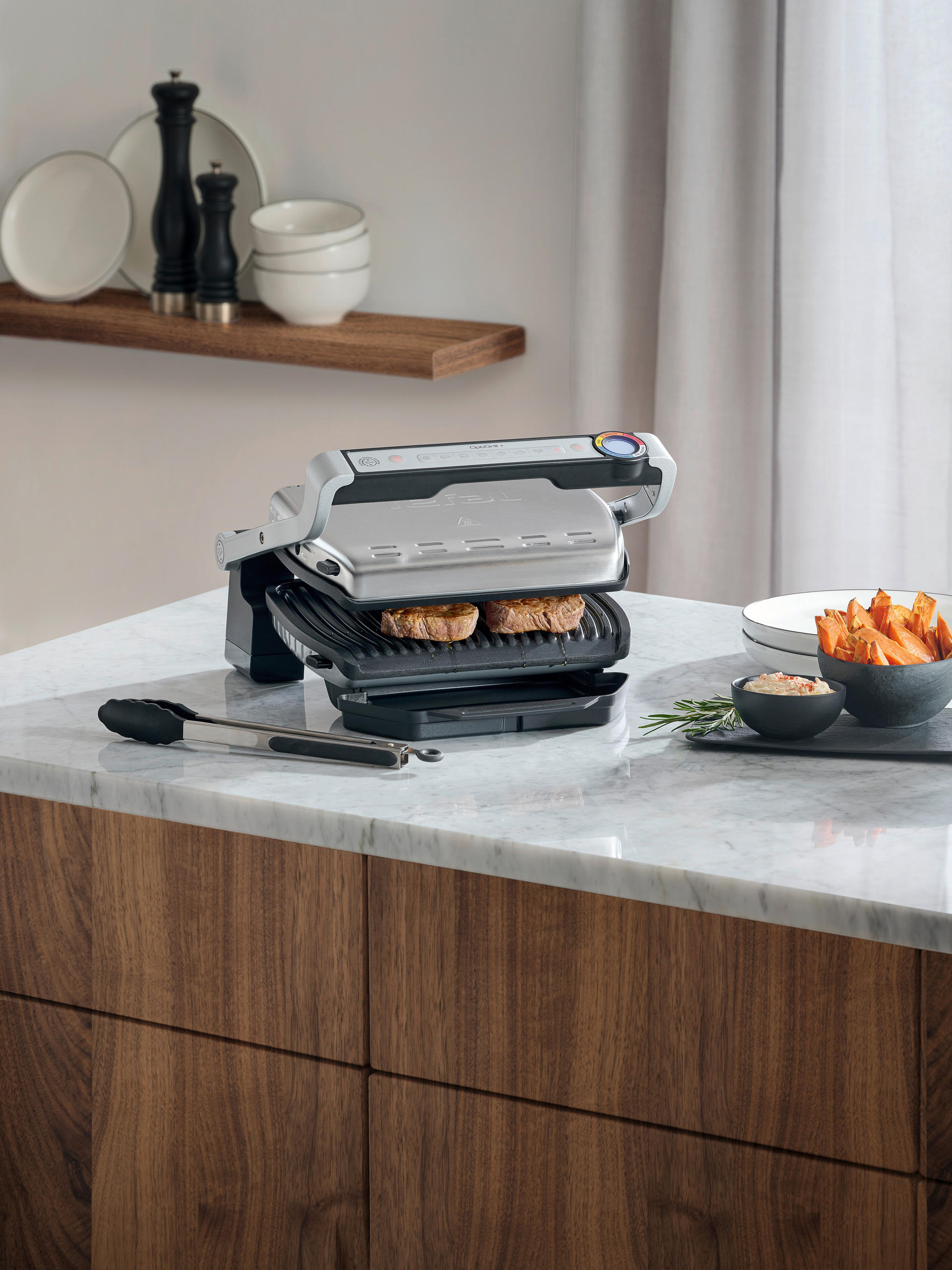 Thumbnail - Tefal Kontaktgrill Optigrill+ Gc718D, Schwarz, Chrom, 36.6x17.5x36.6 cm, herausnehmbare Fettauffangschale, Aufheizkontro...