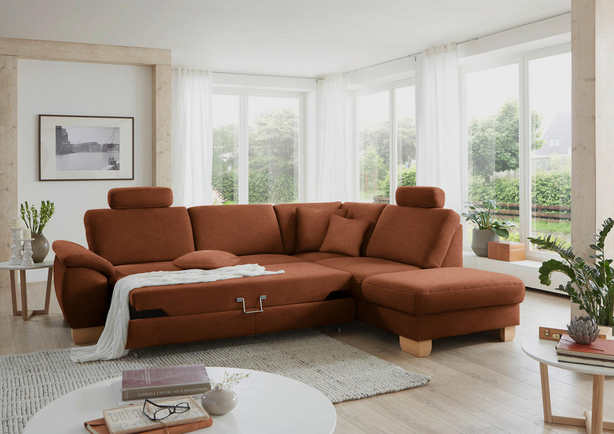 ECKSOFA in Mikrofaser Cognac  - Wildeiche/Cognac, Natur, Holz/Textil (286/236cm) - Voleo