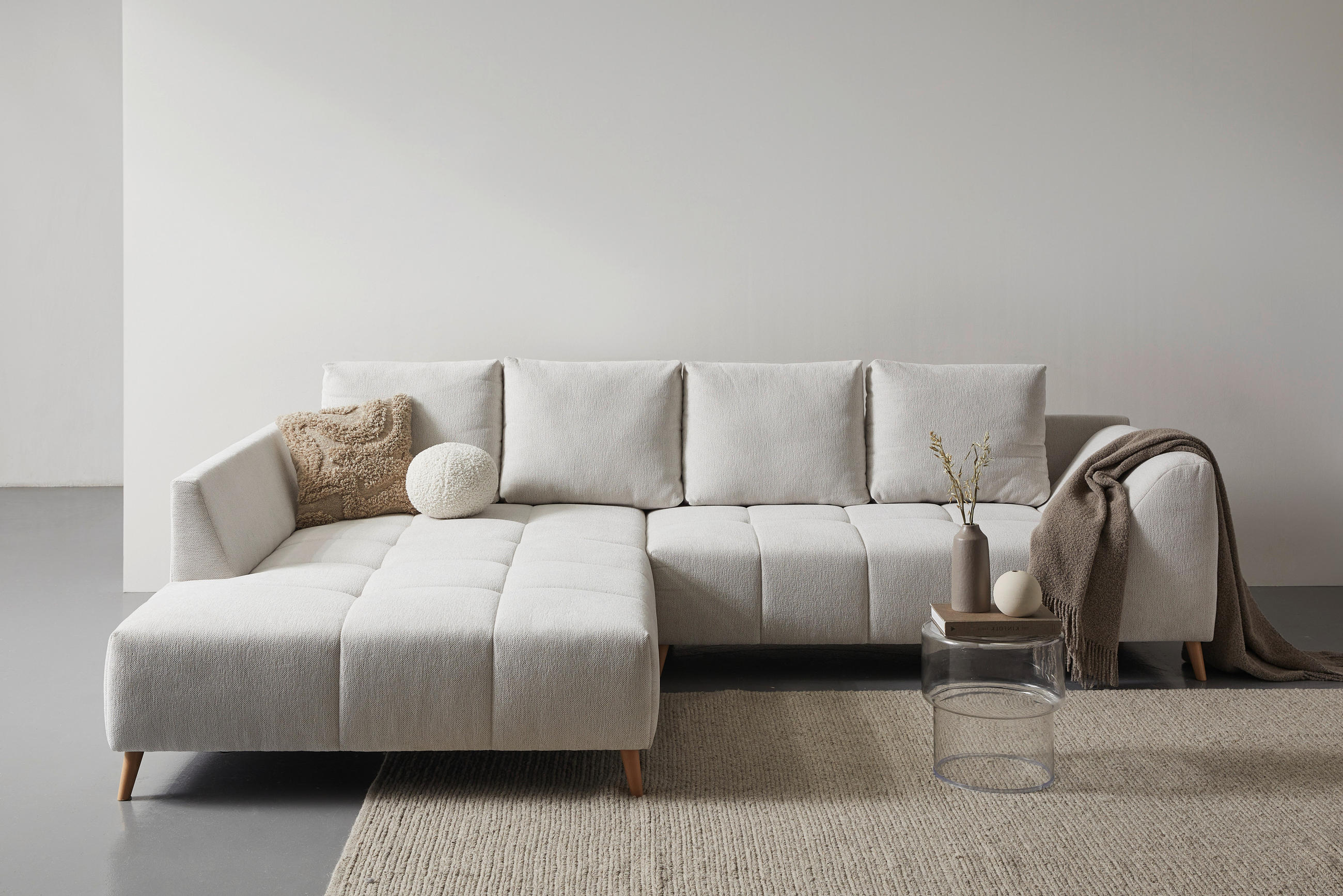 ECKSOFA Grauweiß Flachgewebe  - Buchefarben/Grauweiß, KONVENTIONELL, Holz/Textil (202/306cm) - Carryhome