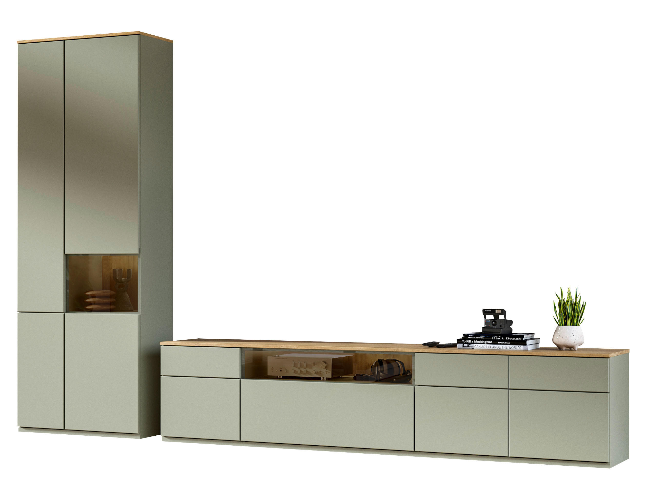 WOHNWAND  in Eichefarben, Schilfgrün  315/215/45 cm  - Schilfgrün/Eichefarben, KONVENTIONELL, Glas/Holzwerkstoff (315/215/45cm) - Venda